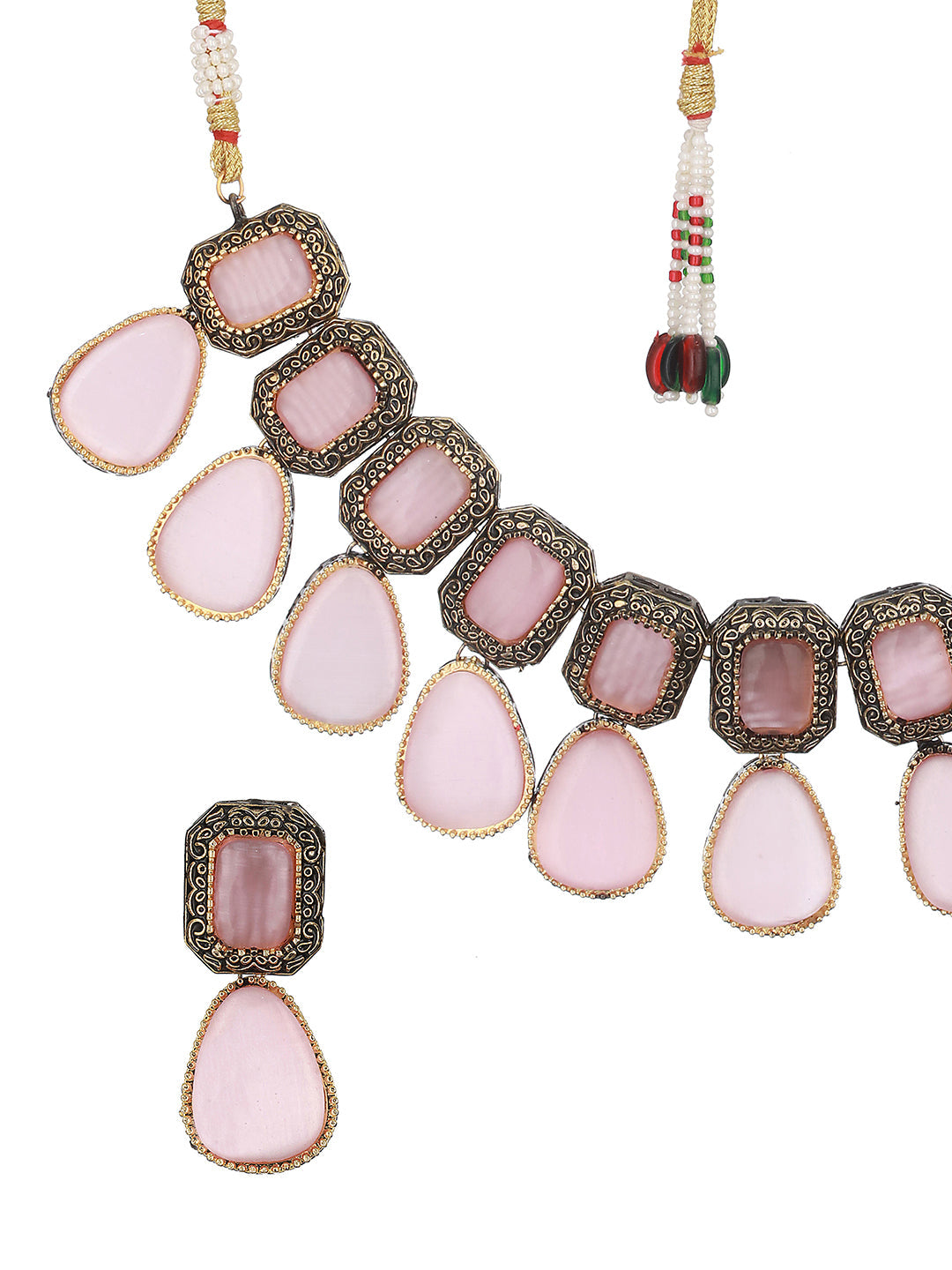 Pink Stone Block Drops Gold-Plated Choker Jewellery Set