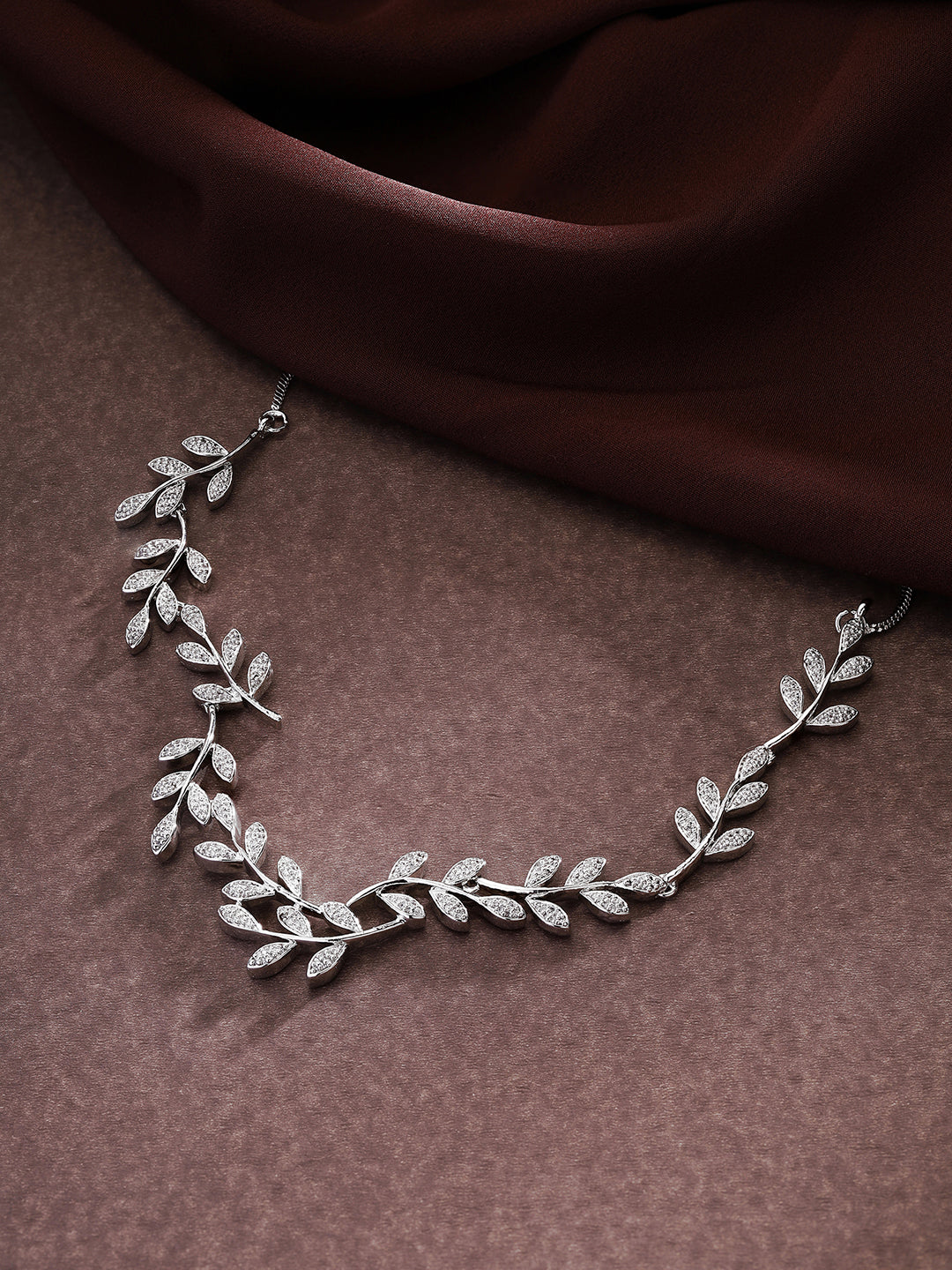Priyaasi Foliage Elegance: Silver-Plated American Diamond Leaf Design Necklace