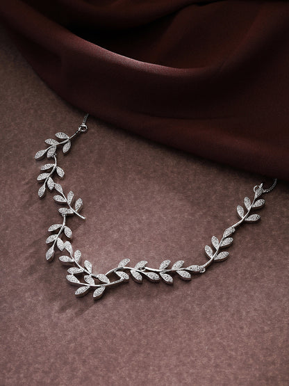 Priyaasi Foliage Elegance: Silver-Plated American Diamond Leaf Design Necklace