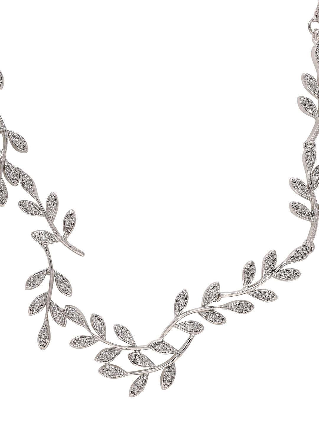 Priyaasi Foliage Elegance: Silver-Plated American Diamond Leaf Design Necklace