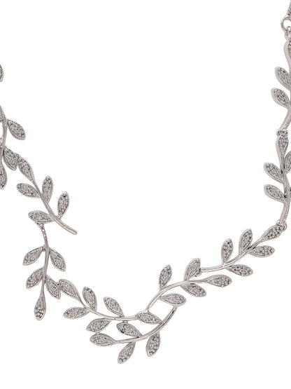 Priyaasi Foliage Elegance: Silver-Plated American Diamond Leaf Design Necklace