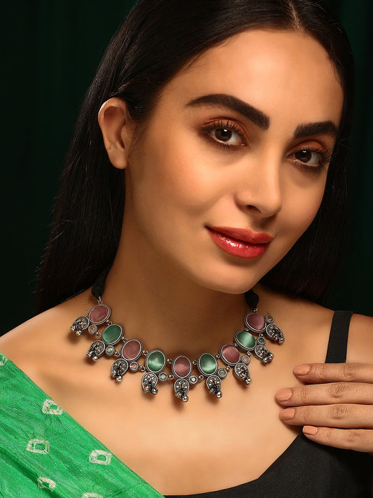 Priyaasi Silver Plated Pink-Green Stonned Oxidized Necklace