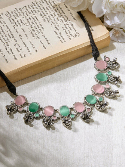 Priyaasi Silver Plated Pink-Green Stonned Oxidized Necklace
