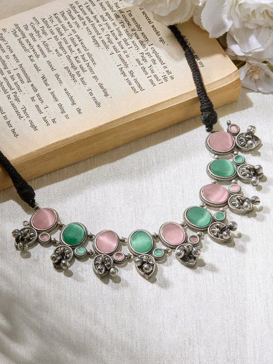 Priyaasi Silver Plated Pink-Green Stonned Oxidized Necklace