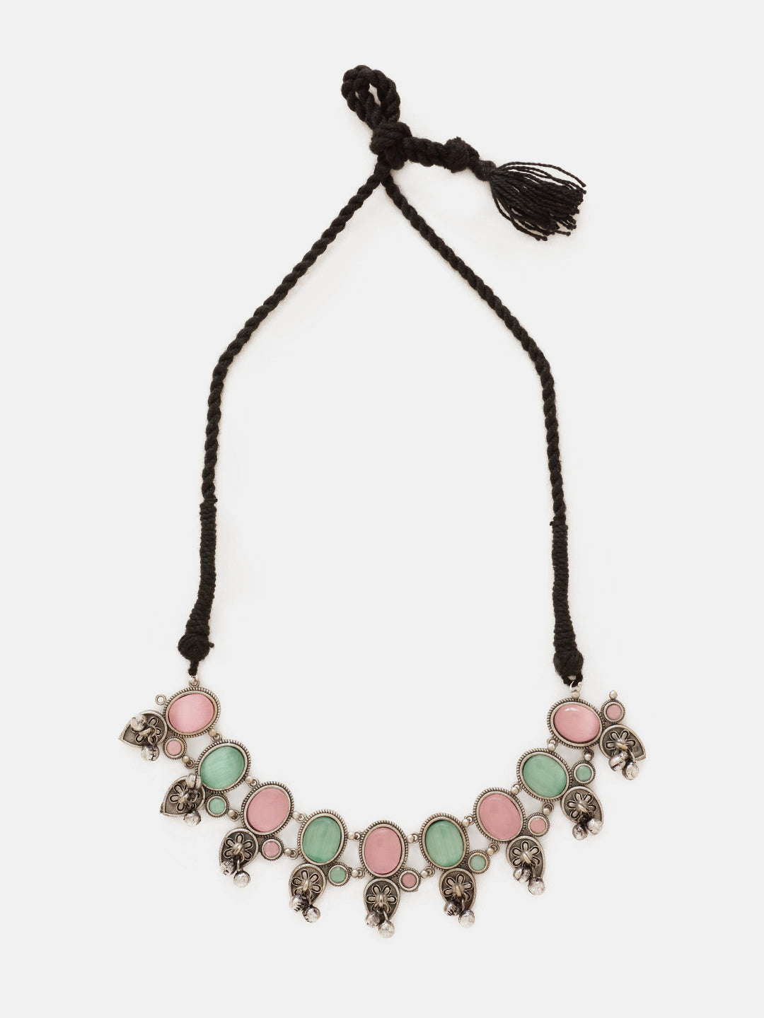 Priyaasi Silver Plated Pink-Green Stonned Oxidized Necklace