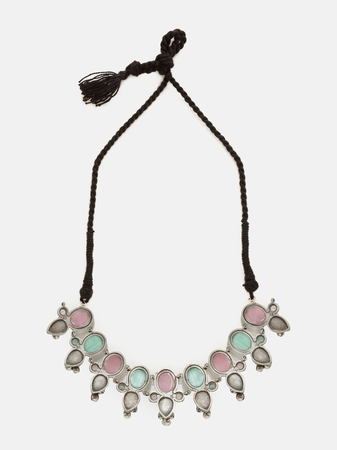 Priyaasi Silver Plated Pink-Green Stonned Oxidized Necklace