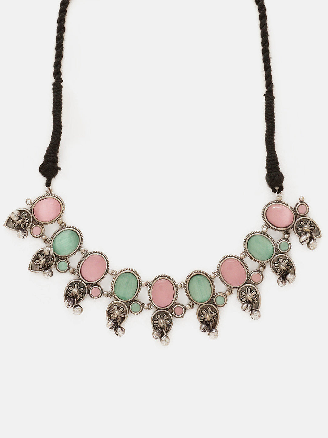 Priyaasi Silver Plated Pink-Green Stonned Oxidized Necklace