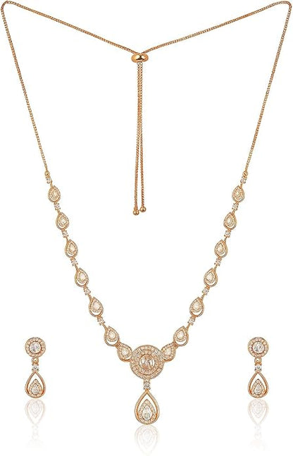 Stylish 18k Rose Gold Plated Ame Chain Pendent Necklace & Earrings Set for Women & Girls, Luxury AD Pendant Gift Set for Women, Girls & Her