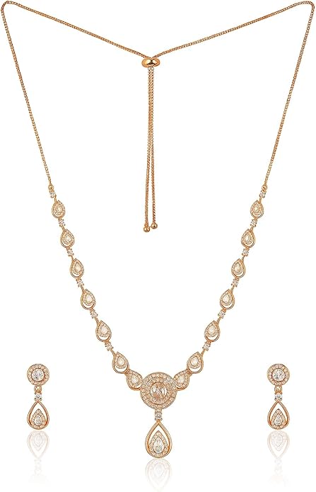 Stylish 18k Rose Gold Plated Ame Chain Pendent Necklace & Earrings Set for Women & Girls, Luxury AD Pendant Gift Set for Women, Girls & Her