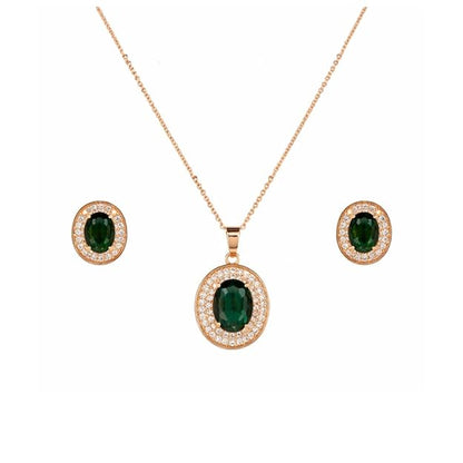 Rose Gold Plated Ruby Red Oval Pendant Necklace and Earring Set for Women and Girls