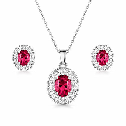 Rose Gold Plated Ruby Red Oval Pendant Necklace and Earring Set for Women and Girls