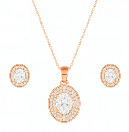 Rose Gold Plated Ruby Red Oval Pendant Necklace and Earring Set for Women and Girls