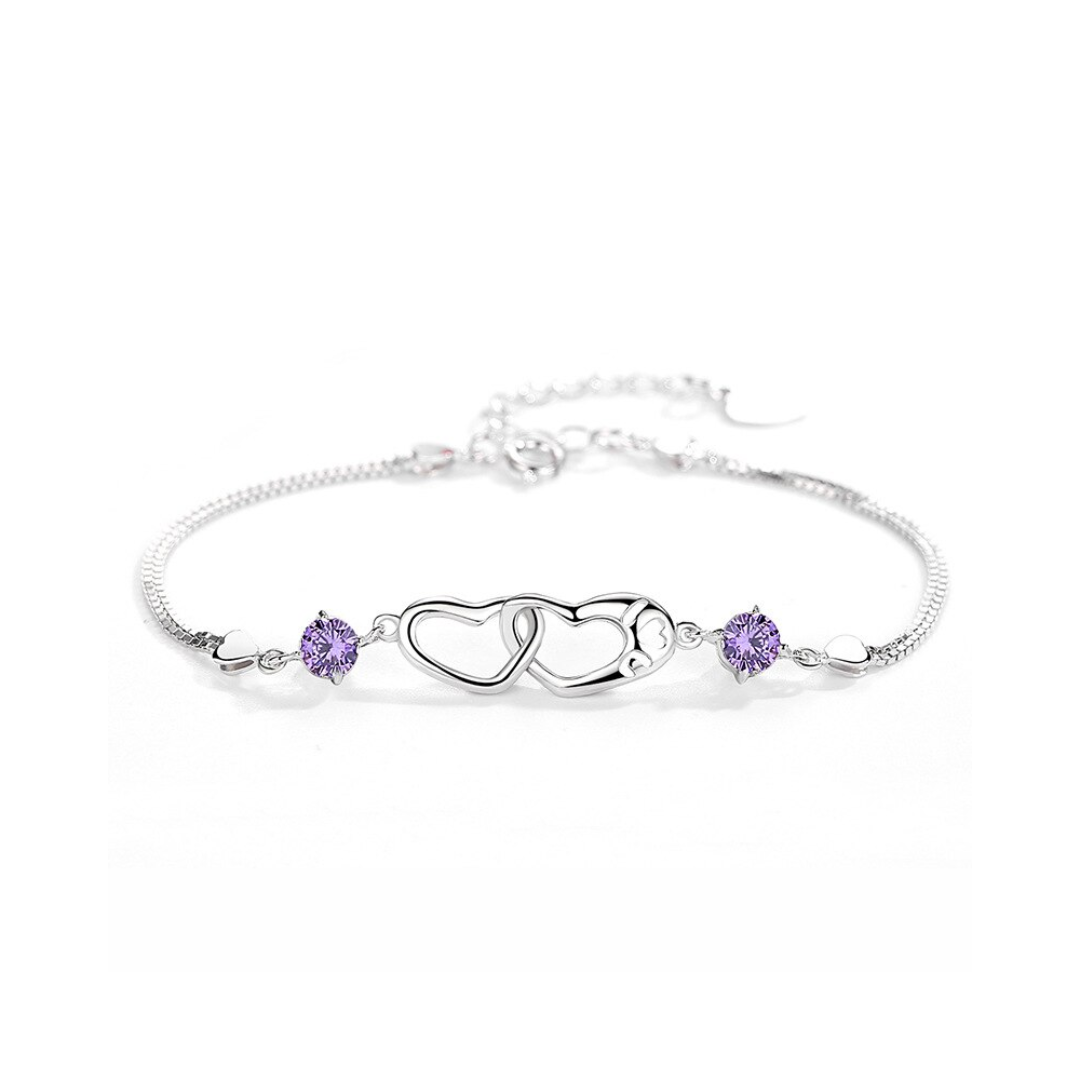 Double Heart Purple CZ Charm Bracelet