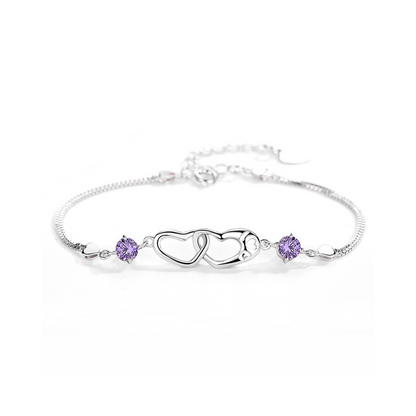 Double Heart Purple CZ Charm Bracelet