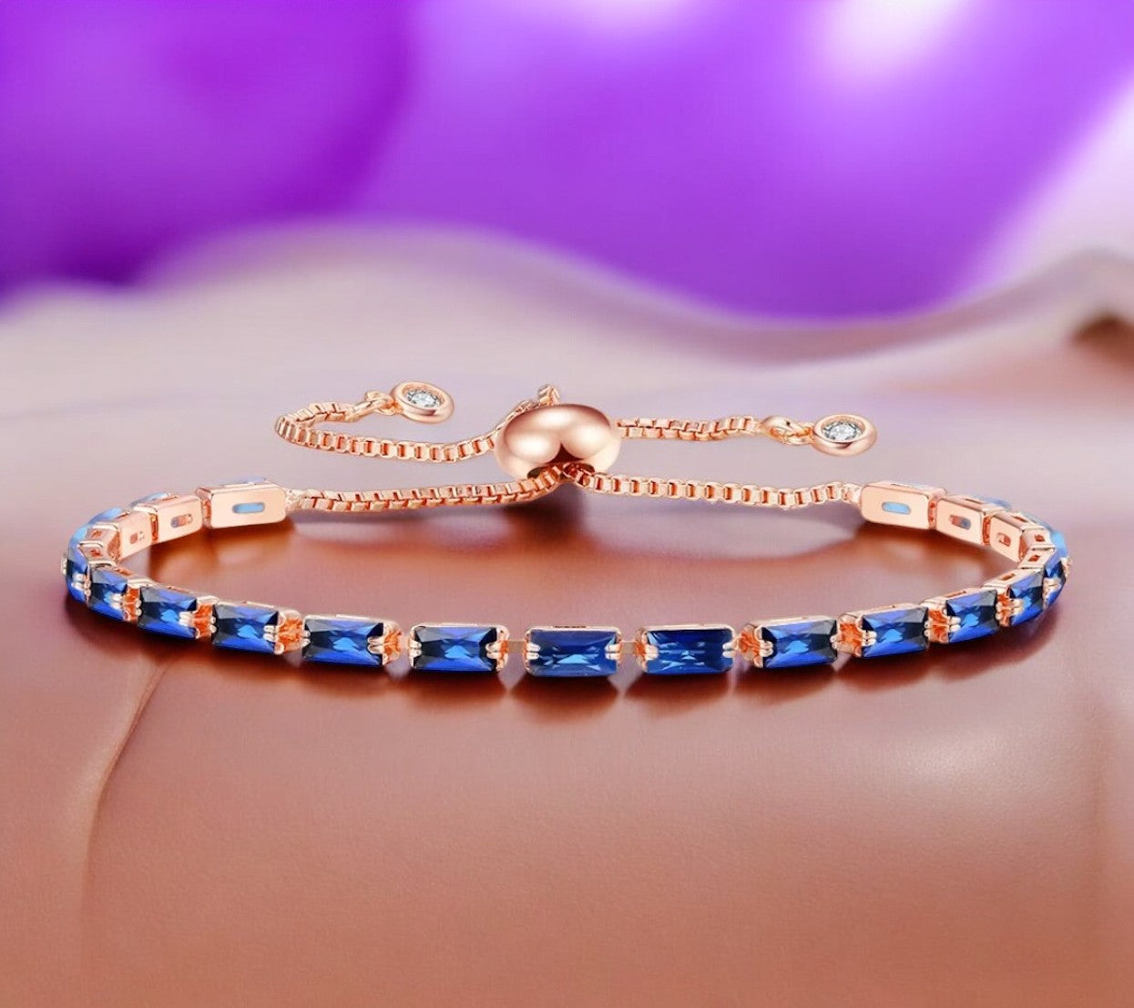 Tennis Bracelet| Rose Gold Plated Cubic Zirconia Adjustable Bracelet| Stylish Fashion Jewellery Gift for Girls & Women (Blue)