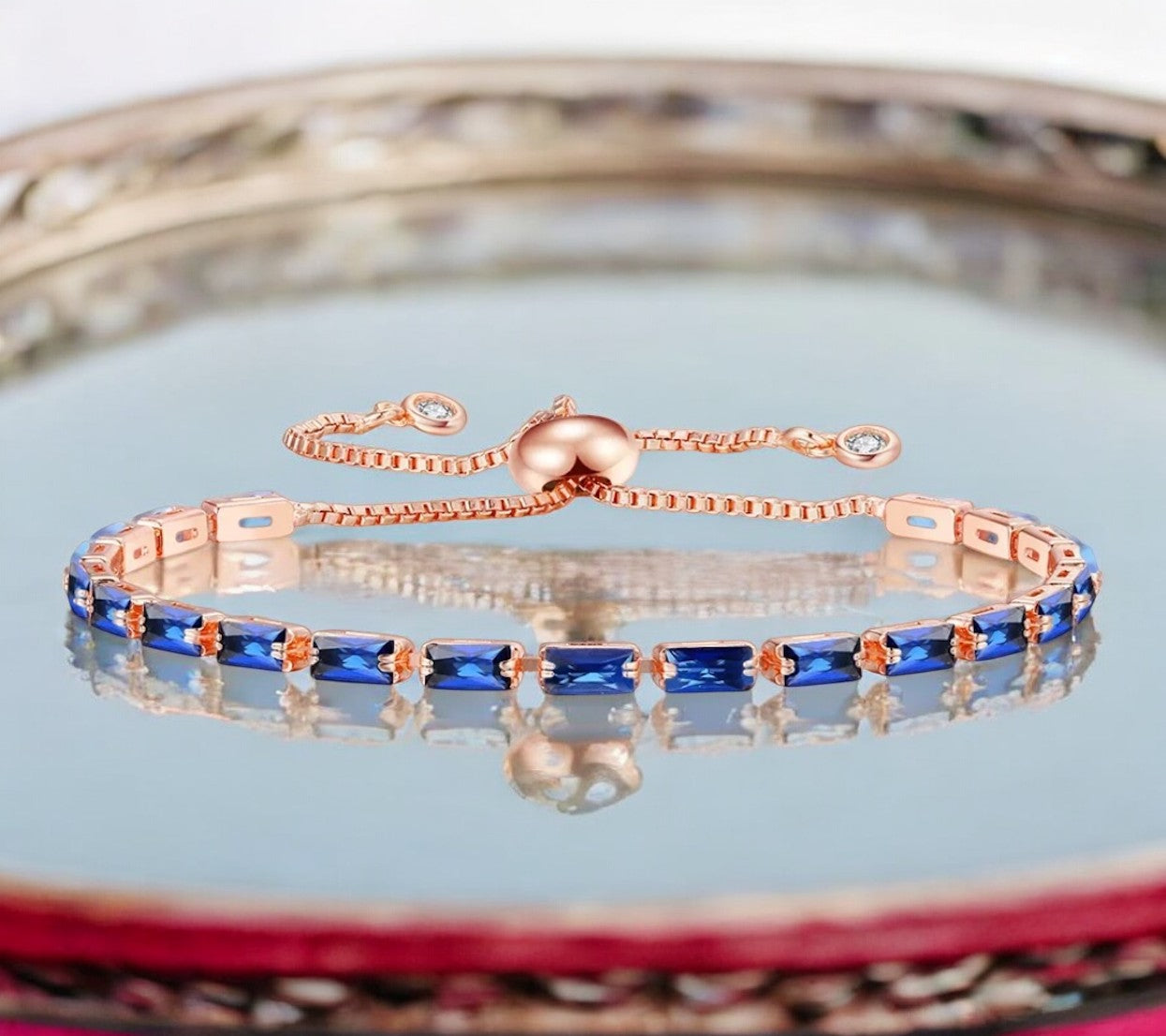 Tennis Bracelet| Rose Gold Plated Cubic Zirconia Adjustable Bracelet| Stylish Fashion Jewellery Gift for Girls & Women (Blue)