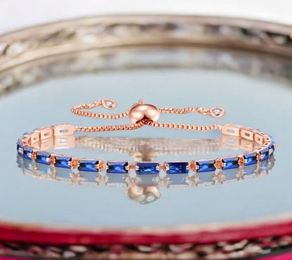 Tennis Bracelet| Rose Gold Plated Cubic Zirconia Adjustable Bracelet| Stylish Fashion Jewellery Gift for Girls & Women (Blue)