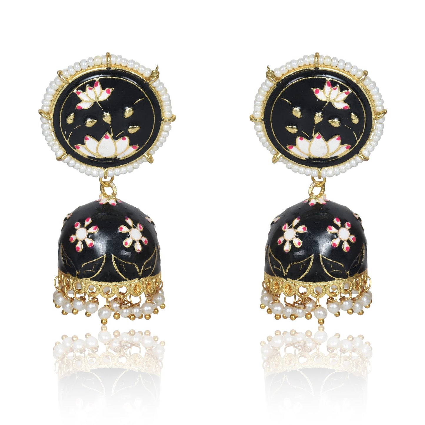 Meenakari Traditional Lotus Engraved Jhumki Earring, Dome Shaped Jhumka Earrings with Pearl Beads for Girls and Women