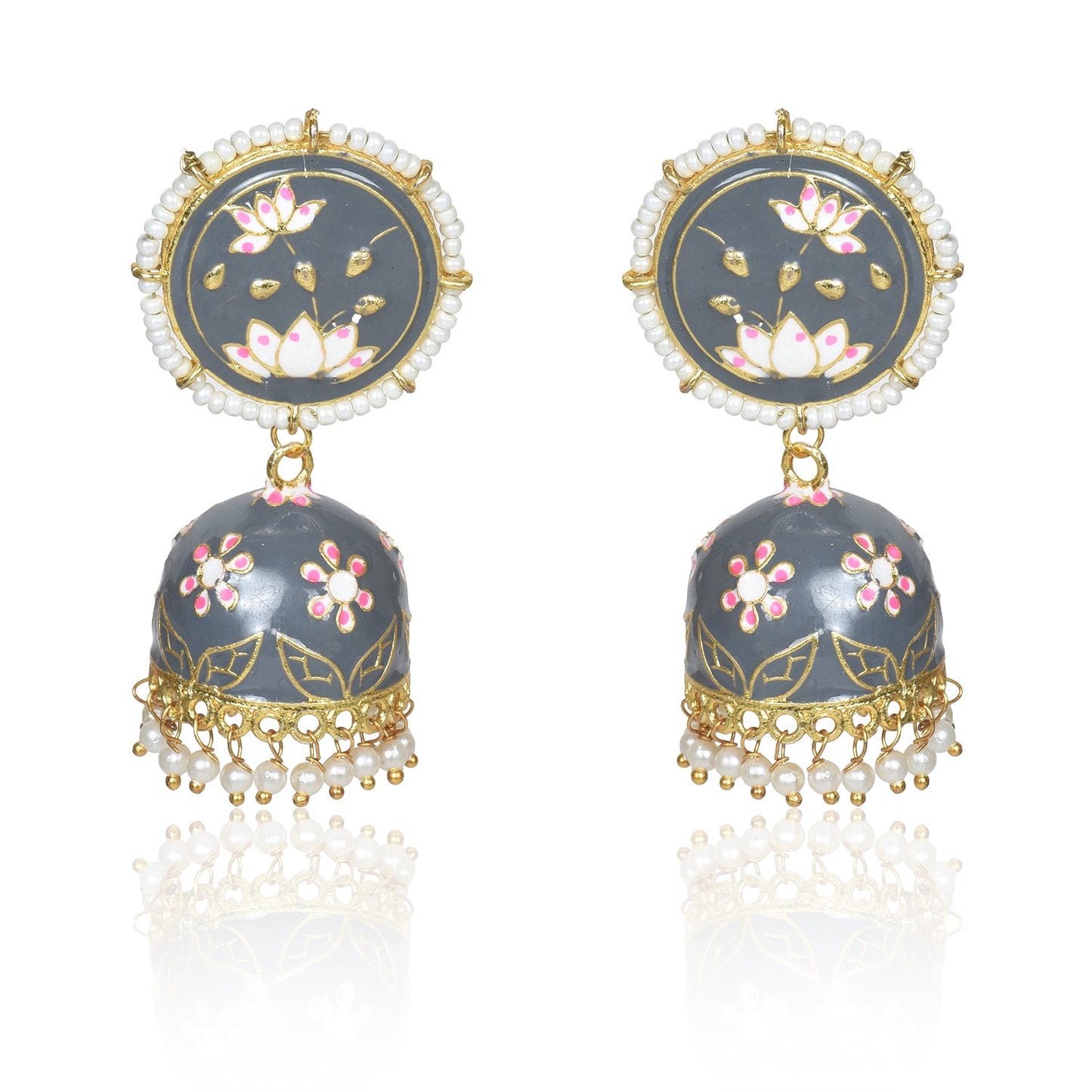 Meenakari Traditional Lotus Engraved Jhumki Earring, Dome Shaped Jhumka Earrings with Pearl Beads for Girls and Women