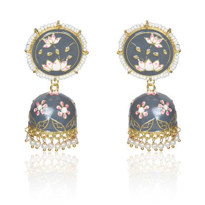 Meenakari Traditional Lotus Engraved Jhumki Earring, Dome Shaped Jhumka Earrings with Pearl Beads for Girls and Women