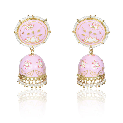 Meenakari Traditional Lotus Engraved Jhumki Earring, Dome Shaped Jhumka Earrings with Pearl Beads for Girls and Women