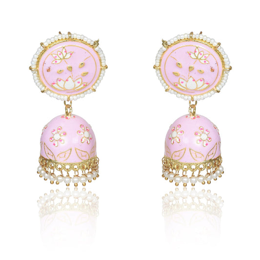 Meenakari Traditional Lotus Engraved Jhumki Earring, Dome Shaped Jhumka Earrings with Pearl Beads for Girls and Women