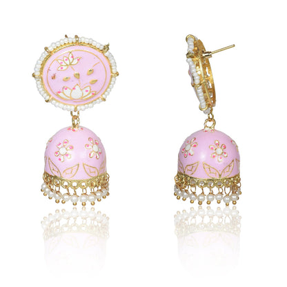 Meenakari Traditional Lotus Engraved Jhumki Earring, Dome Shaped Jhumka Earrings with Pearl Beads for Girls and Women