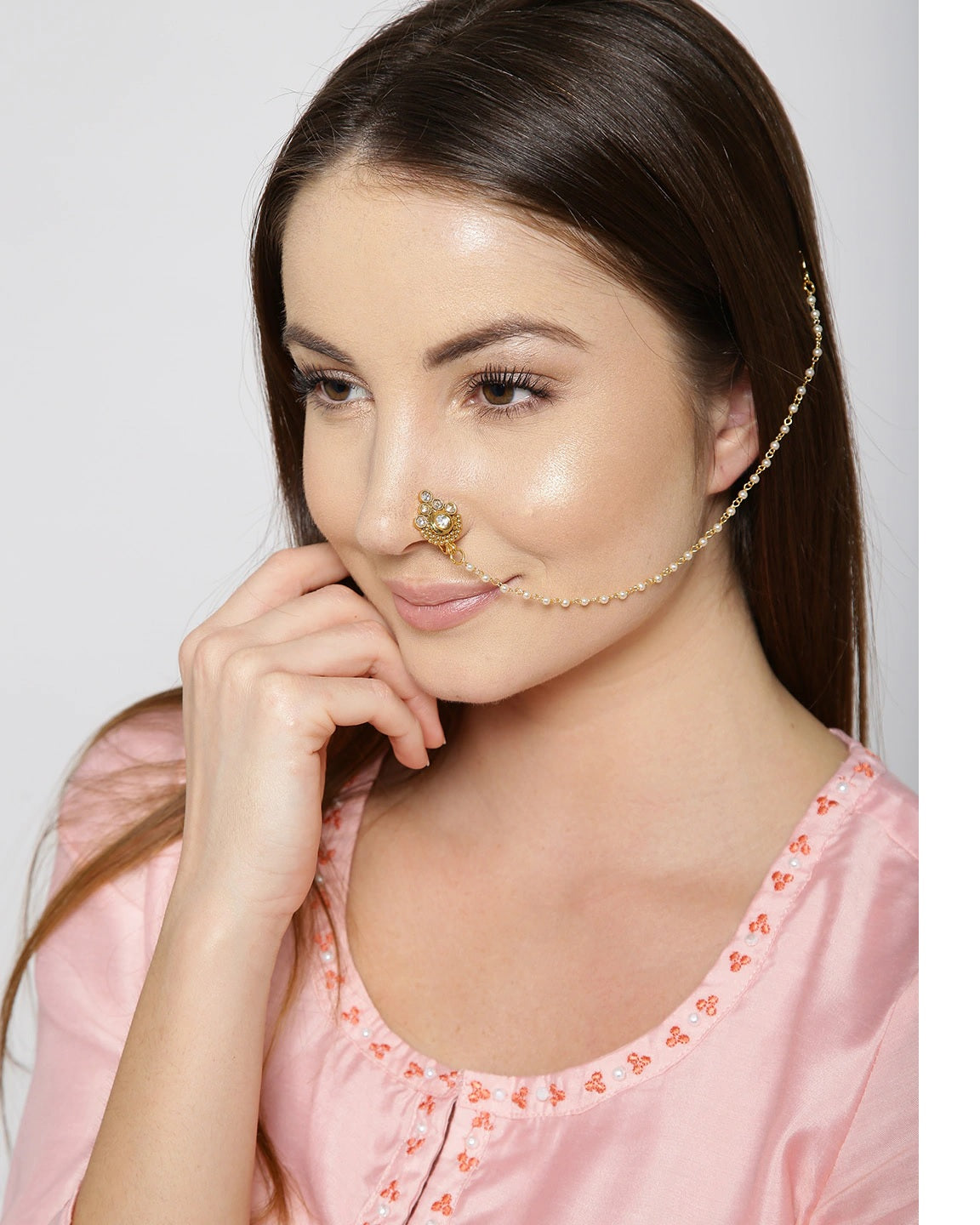 Gold Plated Kundan Nose Ring/Nath with Pearl Chain For Women/Girls