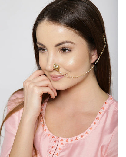 Gold Plated Kundan Nose Ring/Nath with Pearl Chain For Women/Girls
