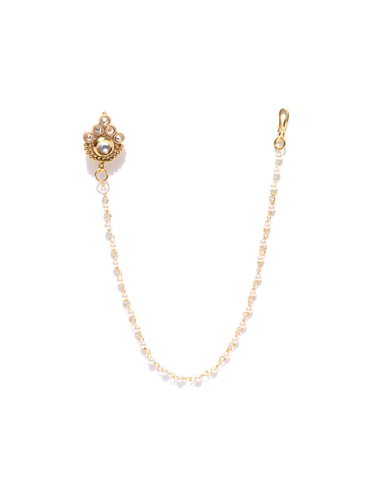 Gold Plated Kundan Nose Ring/Nath with Pearl Chain For Women/Girls