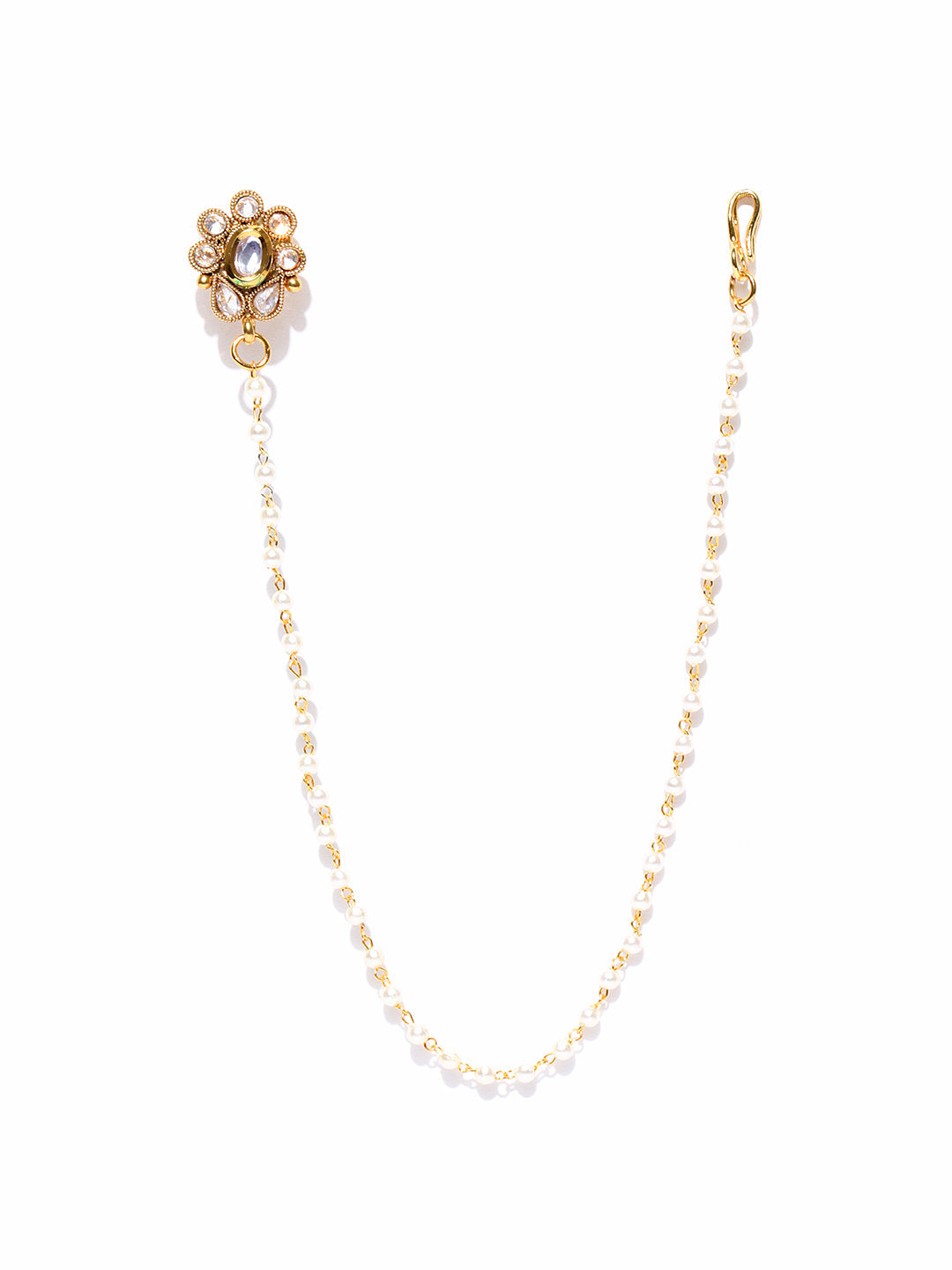 Gold Plated Kundan Nose Ring/Nath with Pearl Chain For Women/Girls