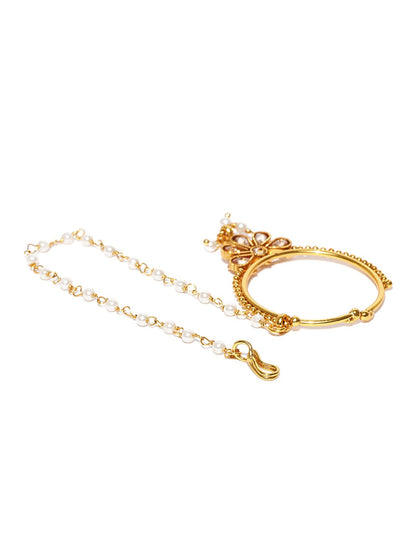 Gold Plated Stone Studded With Beads Chain Floral Nath/Nose Ring For Women