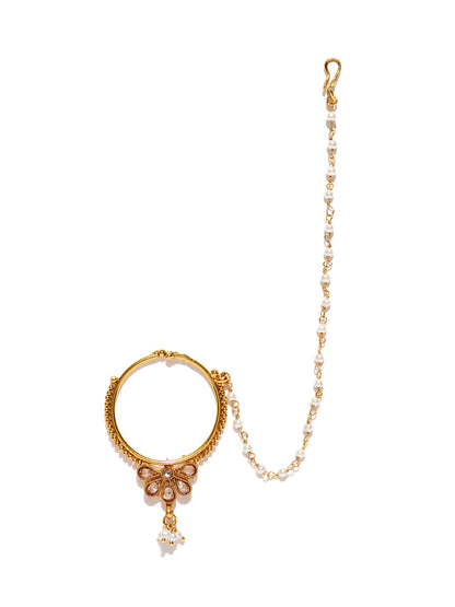 Gold Plated Stone Studded With Beads Chain Floral Nath/Nose Ring For Women
