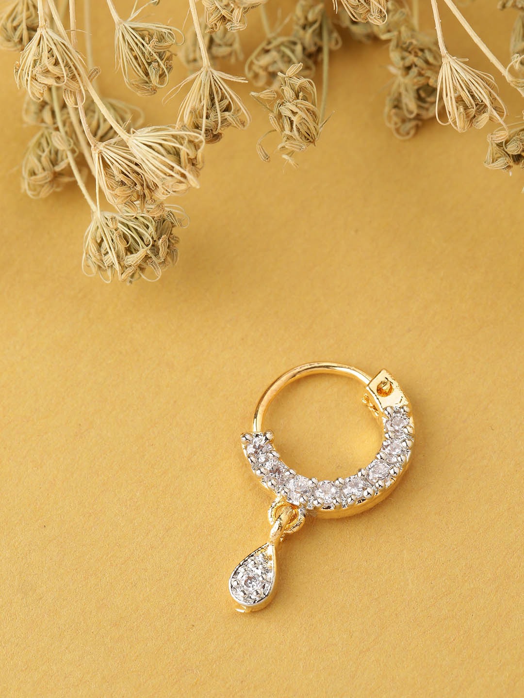 Gold-Toned & White CZ Studded Sparkling Clip-On Nosepin For Women And Girls