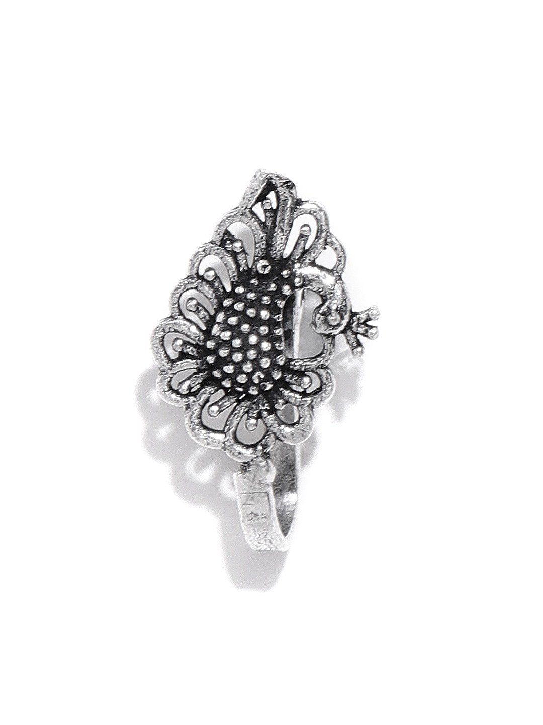 Antique Oxidised Silver-Toned Peacock Inspired Free Size Clip-On Nosepin