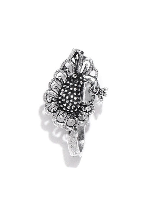 Antique Oxidised Silver-Toned Peacock Inspired Free Size Clip-On Nosepin