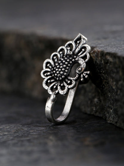 Antique Oxidised Silver-Toned Peacock Inspired Free Size Clip-On Nosepin