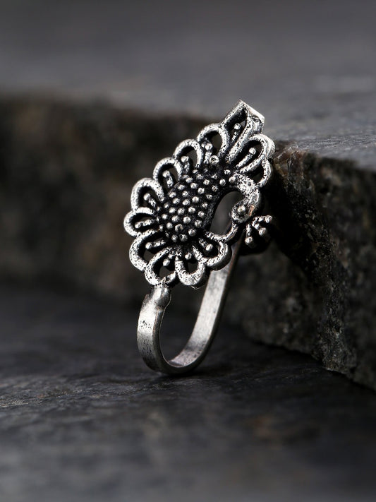 Antique Oxidised Silver-Toned Peacock Inspired Free Size Clip-On Nosepin