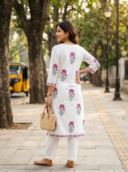 Pink Floral Butta Premium Cotton Kurta