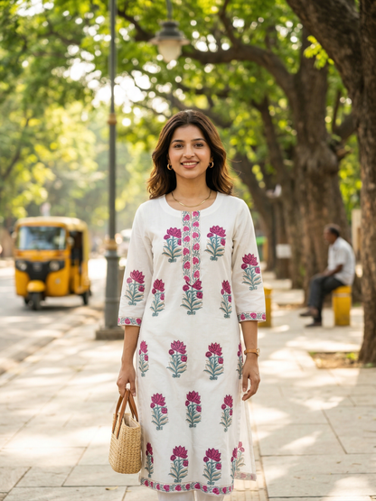 Pink Floral Butta Premium Cotton Kurta