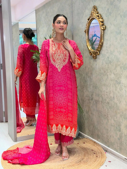 Natural Crepe Sequence Embroidery Mirror Work Designer Kurti Pant Dupatta Set (Ready to Wear) Ethenika.com
