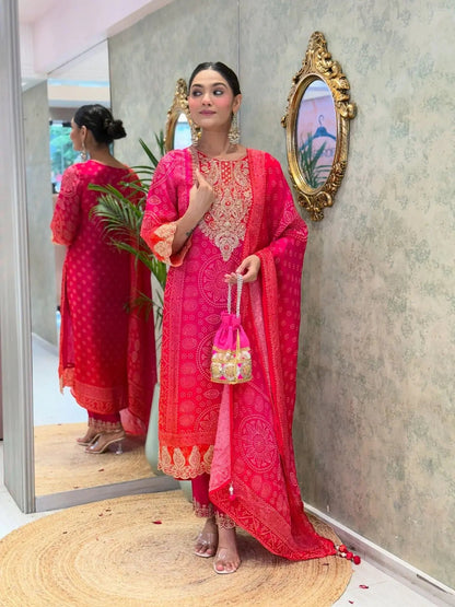Natural Crepe Sequence Embroidery Mirror Work Designer Kurti Pant Dupatta Set (Ready to Wear) Ethenika.com