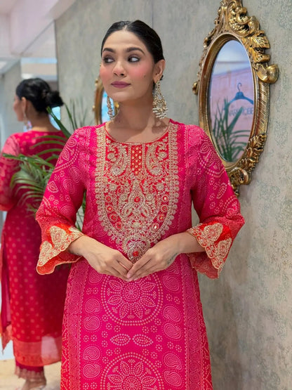 Natural Crepe Sequence Embroidery Mirror Work Designer Kurti Pant Dupatta Set (Ready to Wear) Ethenika.com