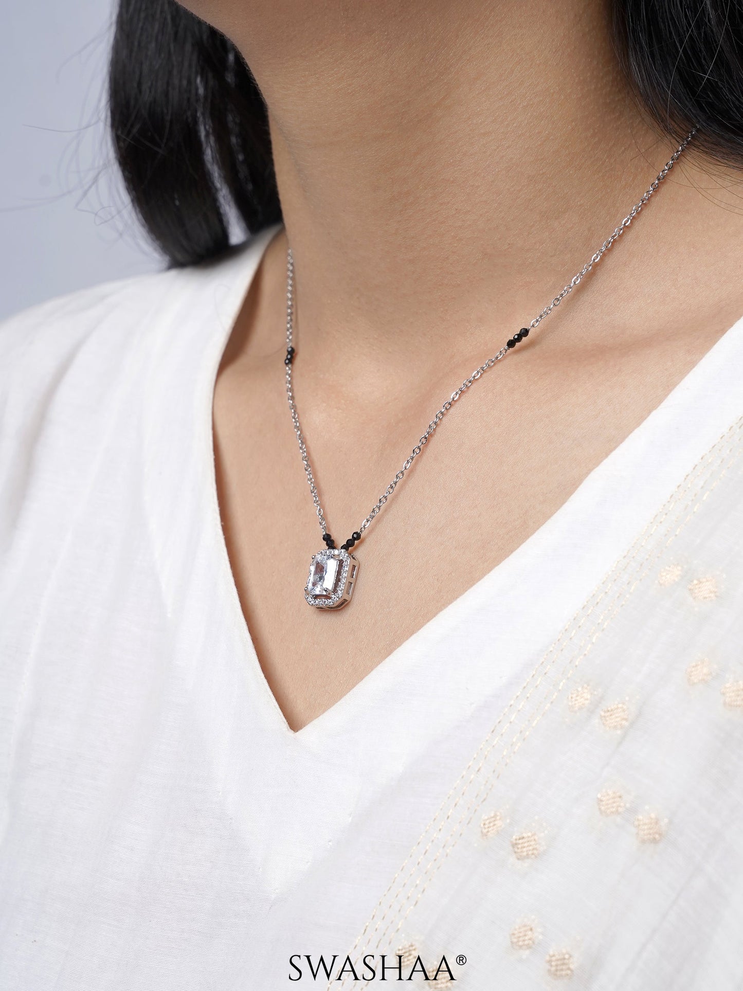 Nayaa Diamond Solitaire Silver Pendant Mangalsutra
