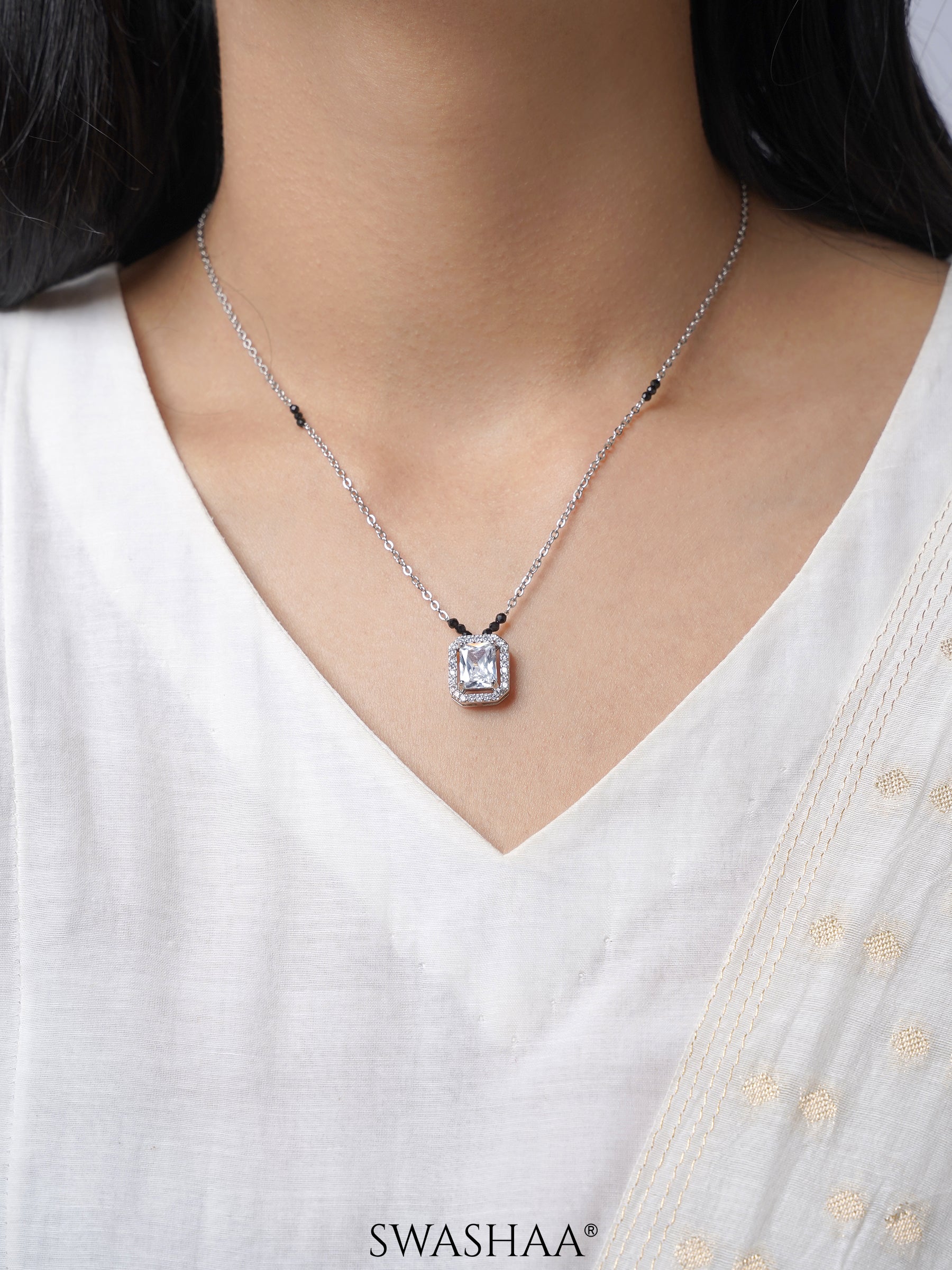 Nayaa Diamond Solitaire Silver Pendant Mangalsutra