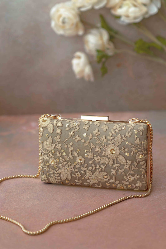 AMYRA - Grey Embroidered Box Clutch