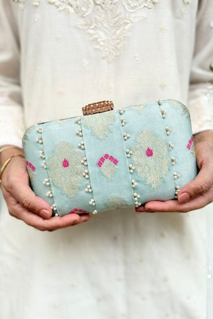 Nihari Pearl Embellished Silk Clutch - Aqua Blue