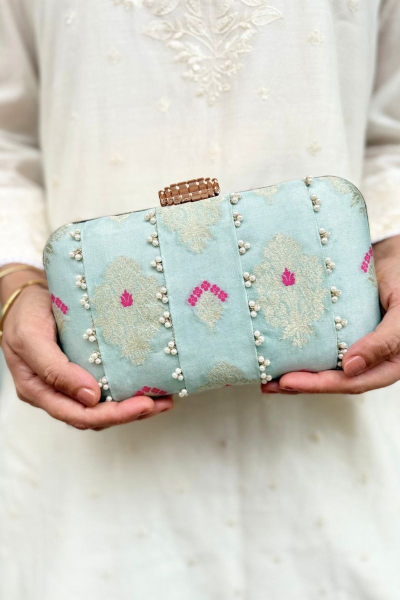 Nihari Pearl Embellished Silk Clutch - Aqua Blue