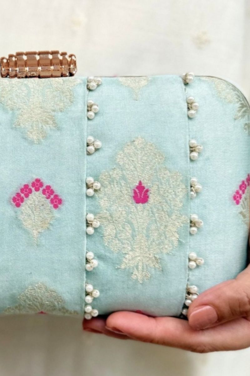 Nihari Pearl Embellished Silk Clutch - Aqua Blue