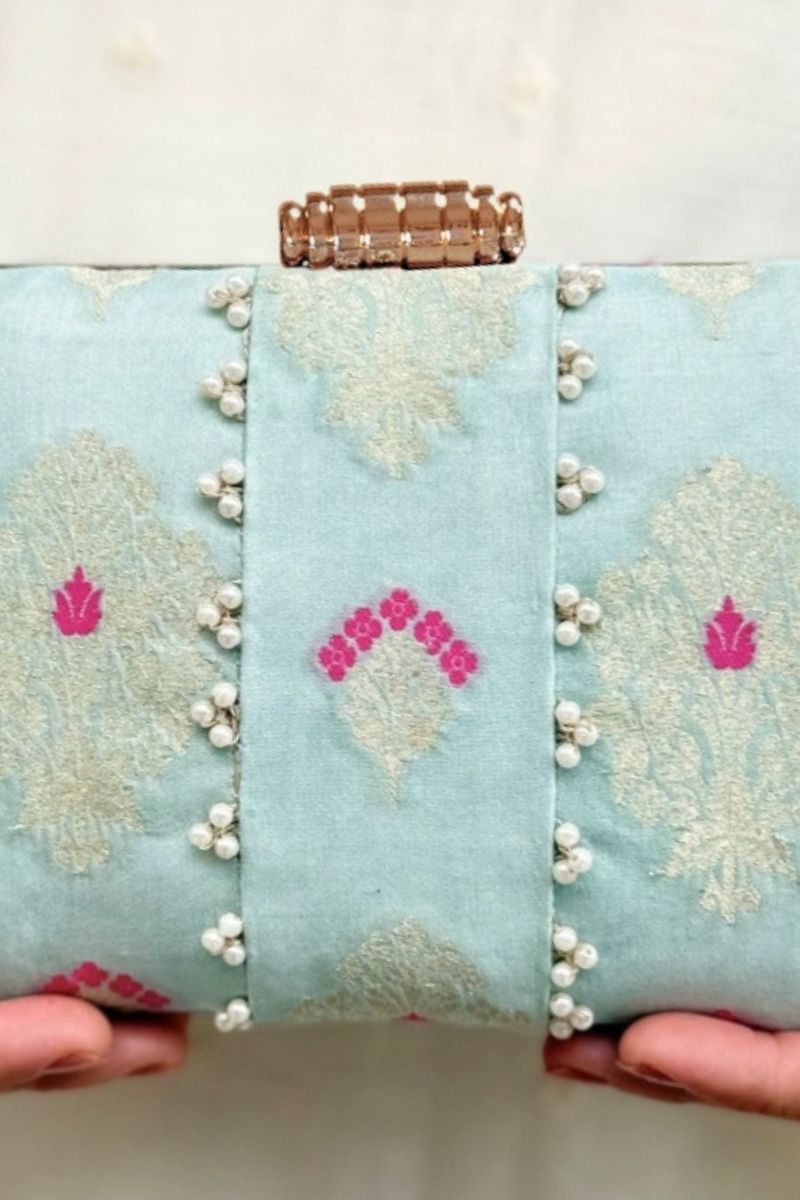Nihari Pearl Embellished Silk Clutch - Aqua Blue